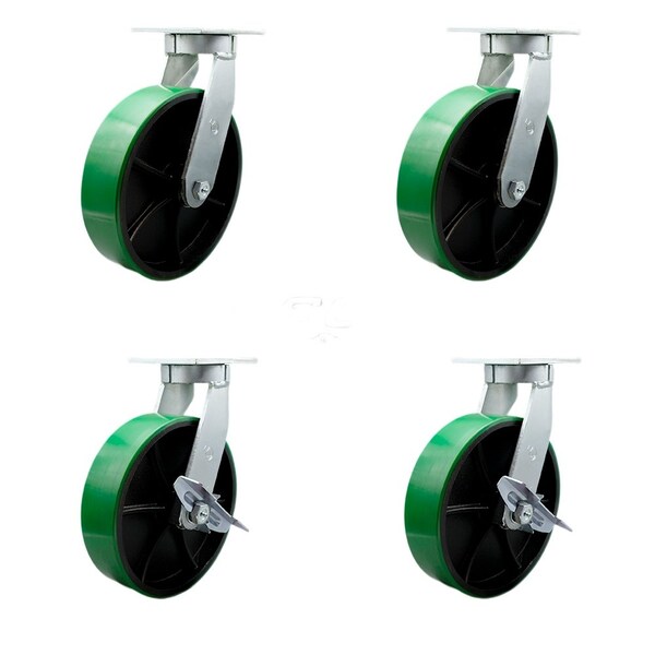 Service Caster 12'' Heavy Duty Green Poly on Cast Iron Wheel Swivel Caster Set with 2 Brakes, 4PK CRAN-SCC-KP92S1230-PUR-GB-2-SLB-2 - main